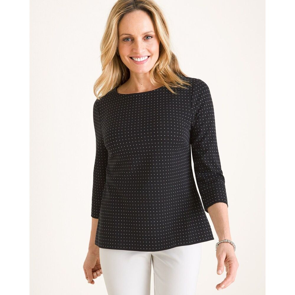 Chicos Women's Dot Ponte Top Black 3/4 Sleeve Blouse sz L